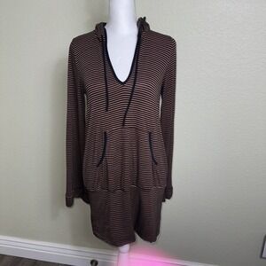 Ella Moss Women's Long Sleeve Dress Hoodie Black and Tan USA Size M Large Pocket